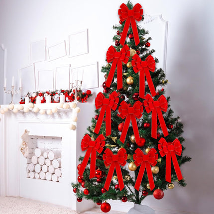 Lenwen 36 Pcs Large Christmas Bows 11 x 19.6 inch Velvet Christmas Wreath Bows Christmas Tree Topper Bow with Golden Edge Big Xmas Ornament for Wreath Home Front Door Decor (Red)