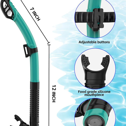 Freela Adult Dry Snorkel Set with Mirrored Lens Anti-Fog 180° Wide View Anti-Fog, Scuba Diving Mask with Nose Cover, Snorkeling Gear for Men Women - Green with Blue
