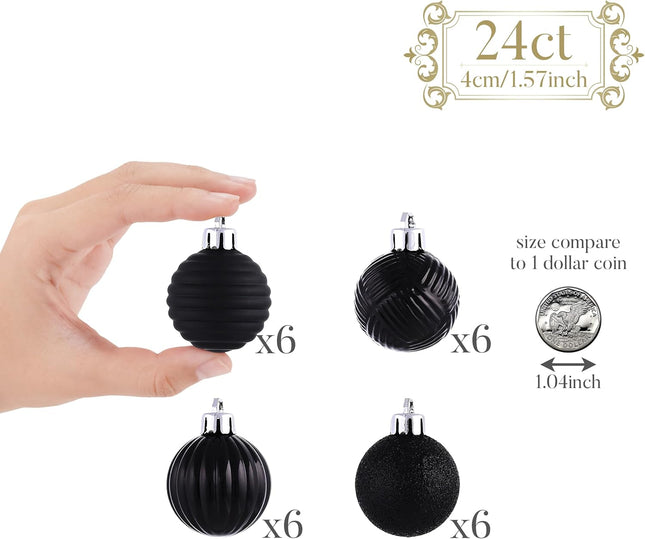 Valery Madelyn 1.6" Christmas Ornaments Tree Decorations for Fall Halloween Decor, 24ct Black Shatterproof Christmas Ball Ornament Set, Hanging Ornament Bulk for Xmas Holiday Party Decor