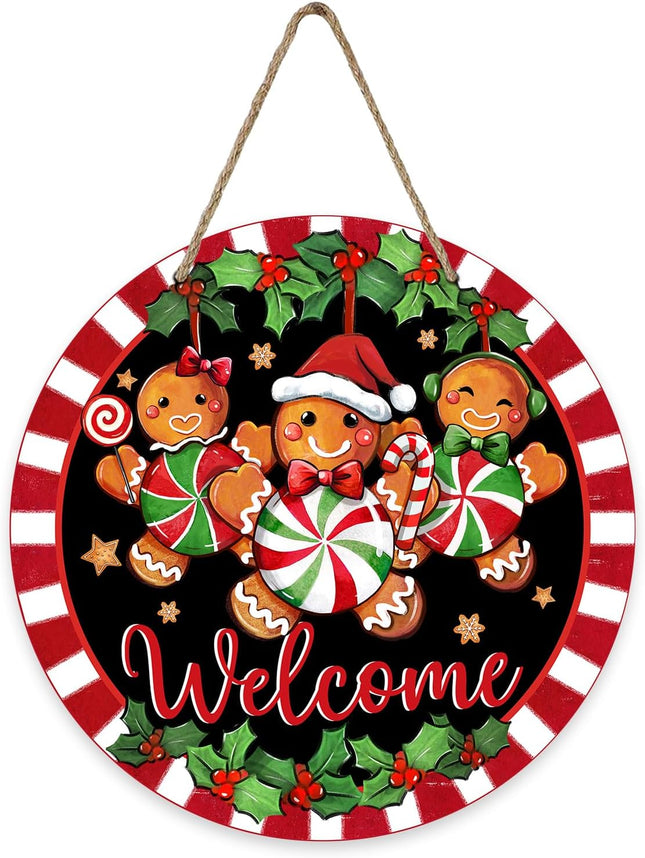 Deroro Welcome Christmas Gingerbread Man Front Door Sign, Xmas Peppermint Candy Wood Door Hanger Outdoor Outside Porch Decor, Stripes Holly Berry Holiday Wooden Wreath Indoor Wall Hanging Decoration