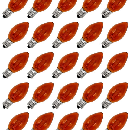 Creative Hobbies® Transparent Orange C7 Light Bulbs - 7 Watt, Steady Burning, Candelabra Base - Ideal for Halloween Pumpkin Lights & Christmas Box of 25