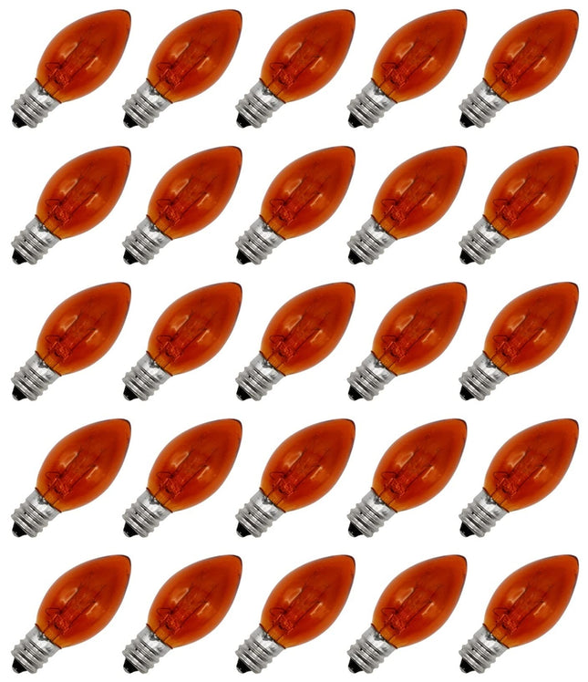 Creative Hobbies® Transparent Orange C7 Light Bulbs - 7 Watt, Steady Burning, Candelabra Base - Ideal for Halloween Pumpkin Lights & Christmas Box of 25