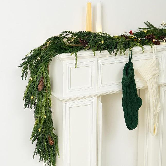Artificial Norfolk Pine Garland for Christmas Decorations, Realistic Faux Greenery Garlands with Pine Cone for Holiday Mantle Stair Indoor Outdoor Decor