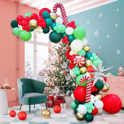 Christmas Balloon Garland Arch Kit with Xmas Red Dark Green White Gold Lime Green Balloon Candy Balloon Cane Balloon Silver Siamese Exploding Star Balloon for Christmas Party Decorations