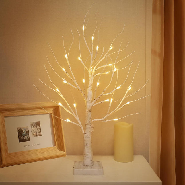 Zcdl White Birch Tree - 2FT 24 LED Birch Tree with Lights, Flexible Branches and Timer, Warm White Lighted White Tree, Tabletop Christmas Tree for Home Christmas Halloween Party Decorations (1 Pack)