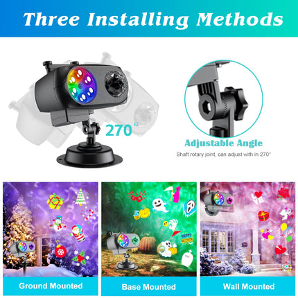 Christmas Halloween Projector Lights Outdoor, 2-in-1 Holiday LED Projection Light with 80 HD Moving Patterns & 3D Ocean Wave, IP65 Landscape Decor Lights with RF, for Year Easter Party Garden
