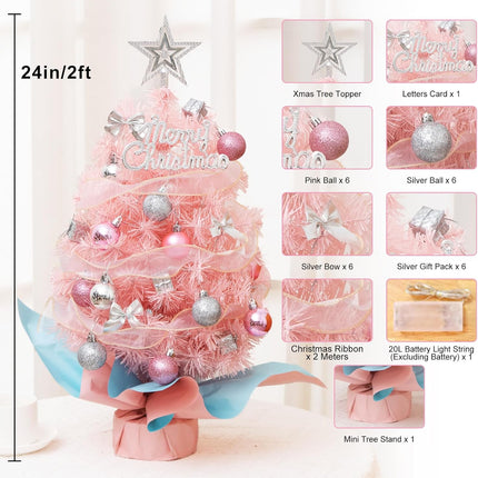 Small Mini Pink Christmas Tree with Light,24Inch/2Ft Tabletop Miniature Pine Christmas Tree with Hanging Ornaments, Battery Operated Artificial Girl Xmas Tree, Best DIY Christmas Holiday Decoration