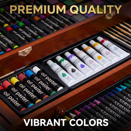 TMOL Art Supplies, 175-Pack Deluxe Art Set Drawing Painting Kit with 2 Drawing Pads, Acrylic Paints, Colored Pencils, Crayons, Art Kit in Wooden Case, Gift for Artist, Adults, Teens and Kids - Cherry