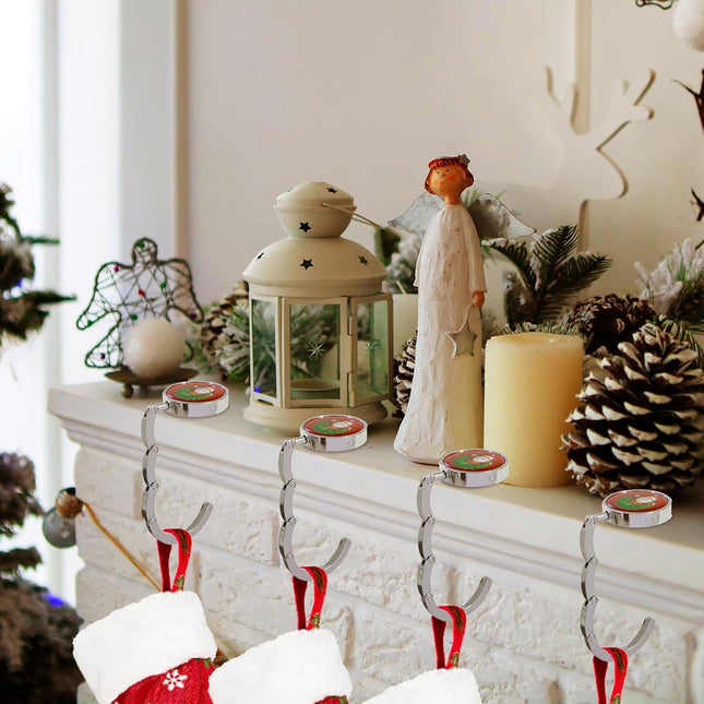 Christmas Stocking Holders for Mantle Set 4,Non-Slip Fireplace Stocking Hooks,Lightweight Metal Stocking Hangers for Mantel Santa Claus Xmas Decoration Party Decor Silver Flat Weighted