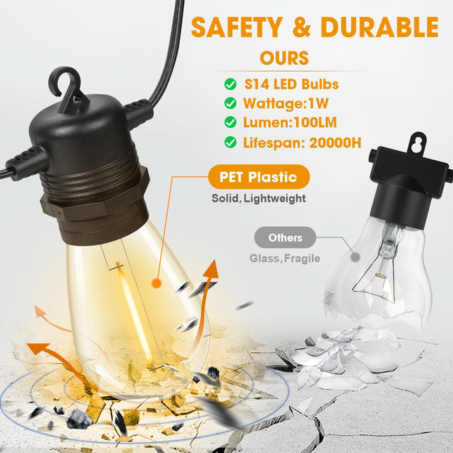 50FT LED Outdoor String Lights with 15+1 Vintage Shatterproof Waterproof S14 Bulbs, 2700K Commercial Grade Patio Lights, Outside Hanging Lights for Garden Porch Deck Decor