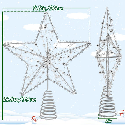Silver Christmas Tree Topper Star with 20 Pure White LED Lights and Pearl Beads, Remote Control Star Tree Topper for Christmas Tree Decorations and Xmas Holiday Décor, Battery Required