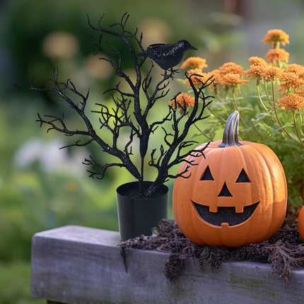 2PCS Halloween Black Tree Decorations Indoor Outdoor, Halloween Black Spooky Tree Branches with Crows for Home Window Table Centerpiece Fireplace Halloween Party Decorations