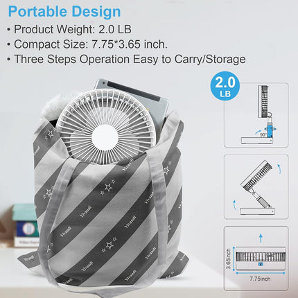 Foldaway/Foldable Fan With 7200Mah Rechargeable Battery BuiltIn, Running Time 1024 Hours Telescopic Tube Portable Quiet Floor Fan