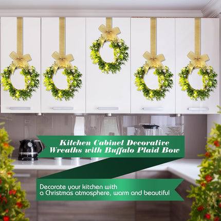 Cindeer 6 Pcs Lighted Christmas Kitchen Cabinet Wreaths with Ribbon Bow LED Lights Farmhouse Artificial Cabinet Hanging Wreaths for Door Wall Christmas Party(Yellow)