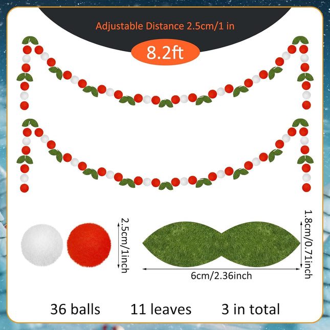 Rtteri 3 Pcs Christmas Felt Ball Garland Holly Leaves and Berry 24.6 Feet Christmas Pom Pom Garland Christmas Felt Ball Banner for Christmas Tree Winter Holiday Decorations Indoor Home Room Decor