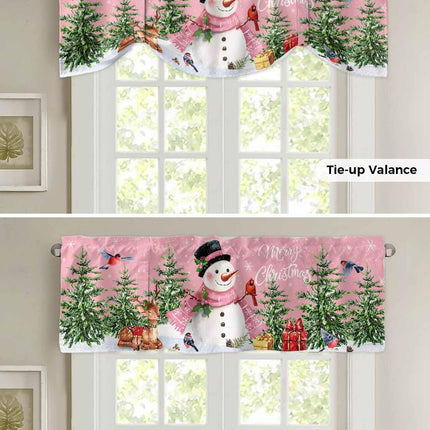 Christmas Pink Tie Up Window Valances for Kitchen Cute Snowman Rod Pocket Curtain Valances Christmas Tree Snowflake Short Topper for Small Windows Valance Curtains for Bedroom Living Room 42" x 18"