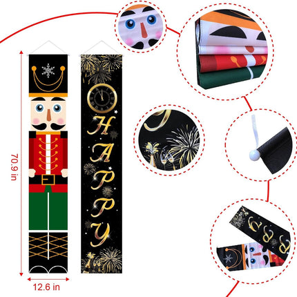 3 Pcs Christmas Decor Nutcracker Outdoor Reversible Banner & Small Xmas Wreath Hanging Sign Decor& Year Reversible Banner Door Sign for Years Eve Party Supplies,Hanging Merry Christmas Happy
