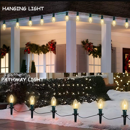 C9 Christmas Pathway Lights Outdoor, 38Ft 25 C9 Incandescent Warm White Pathway Marker Stakes Lights, Christmas Yard Decorations Outdoor Lights Waterproof for Walkway Lawn Sidewalk Driveway Holiday
