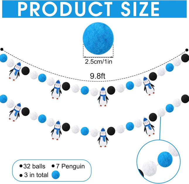 Hosuly 3 Pcs Winter Felt Ball Garlands Penguin Christmas Pom Pom Ball Garlands Colorful Handmade Felt Ball Garland Winter Penguin Garland for Home Fireplace Windows Indoor Outdoor Decor