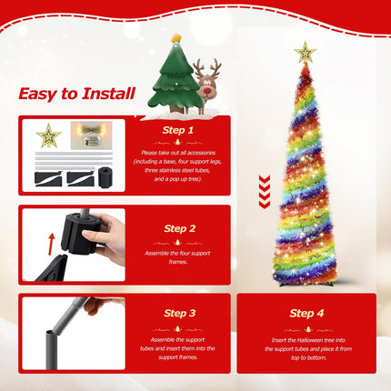 5FT Pop Up Christmas Tree with LED Lights and Tree Topper- Collapsible Artificial Tinsel Pencil Christmas Tree, Skinny Xmas Tree for Indoor Home Apartment Porch Holiday Party Decorations(Rainbow)