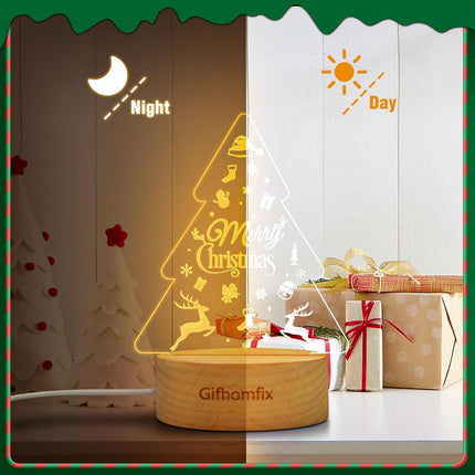 Christmas s for Women Christmas Tree Shaped Tabletop Decor Lights Engraved Acrylic Night Light Christmas Tree Decor, Christmas Decorations with Led Light, Wooden Base