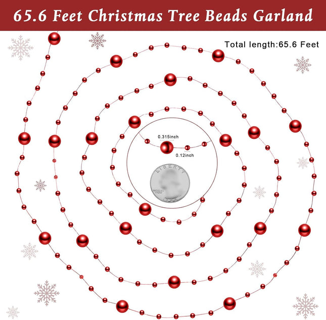 Pangda 65.6 Feet Christmas Tree Beads Garland Plastic Pearl Strands Chain for Christmas Wedding Decoration (Red)