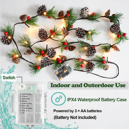 Christmas Garland Lights 2 Pack Holiday Prelit Garland 13FT 40LED Pine Cone Garland Light with Red Berry Battery Operated Garland with Lights Xmas Decor Lights for Outdoor Indoor Christmas
