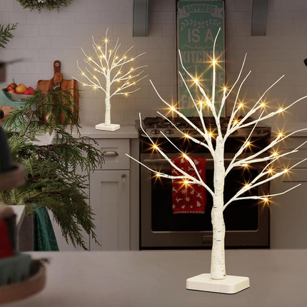 EAMBRITE Birch Tree with Led Lights, White Christmas Decorations Indoor with Timer, Lighted Mini Small Artificial Lamp Prelit Twig Tree Battery Operated for Table Centerpiece Home Decor 2Pack