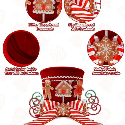 CiyvoLyeen Gingerbread Christmas Tree Topper, Red Top Hat with Candy Cane Gingerbread House Cookies Ornament Bows, Winter Holidays Xmas Tree Home Decoration, 3D Wreath Attachment Festive Ideas