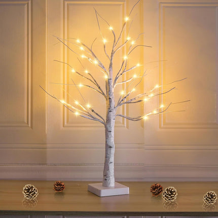 BHCLIGHT Lighted Birch Tree, 2FT 24 LED Battery Operated with Timer Tabletop Fairy Tree Lights, White Artificial Branch for Christmas Decorations,Valentine's Day, Wedding (1 Pack Birch Trees)