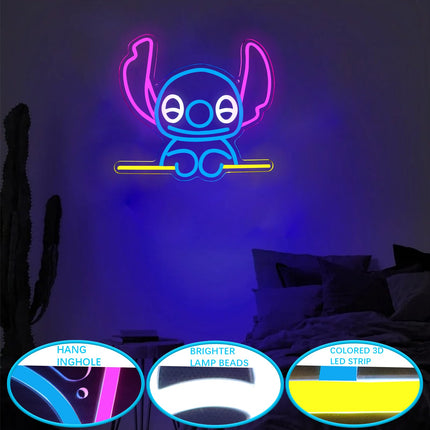 Stitch Neon Signs for Bedroom Decor, Dimmable Stitch LED Neon Lights for Wall Art Decor for Kids Game Room Man Cave Girl Boys Girl Birthday Party Christmas and Thanksgiving (Blue)