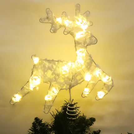 Christmas Tree Topper Lighted, 10" Christmas Reindeer Tree Topper with Warm Lights, Battery Operated Xmas Tree Topper with Timing Battery Case, White Christmas Deer Winter Decorations