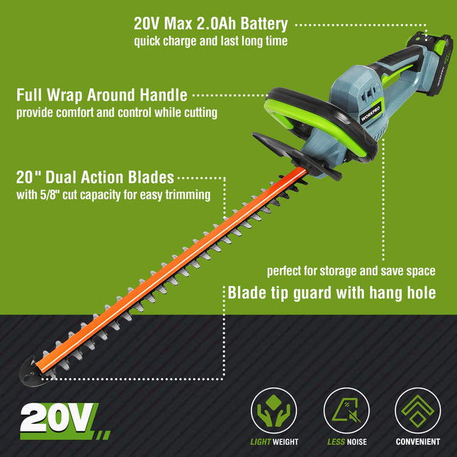 WORKPRO 20V Cordless Hedge Trimmer, 20" Dual Action Blades Electric Gardening Trimmer, 2.0Ah Battery 1 Hour Quick Charger Included, Great Garden s