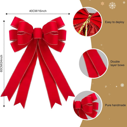 2 Pcs Red Christmas Bows Outdoor Decorations - 16”x24” Large Christmas Tree Topper Bow, Velvet Wreath Bow with Glitter Gold Edge for Xmas Home Front Door Decor