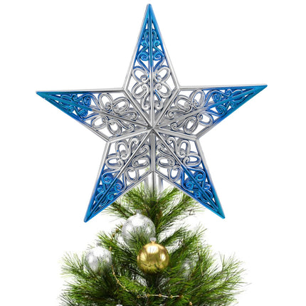 8 Inches Christmas Tree Star Topper Xmas Tree Star Topper Hollowed-Out Christmas Glitter Star Ornaments for Christmas Tree Decoration Home Decor, Silvery Blue