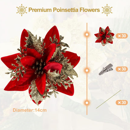 SPORTYOUTH 30 Pcs Red Gold Poinsettias Artificial Christmas Flowers Large 5.5" Glitter Poinsettia Christmas Tree Decoration Flower with Clips & Stems for Xmas Wreath Year Wedding Party Ornament