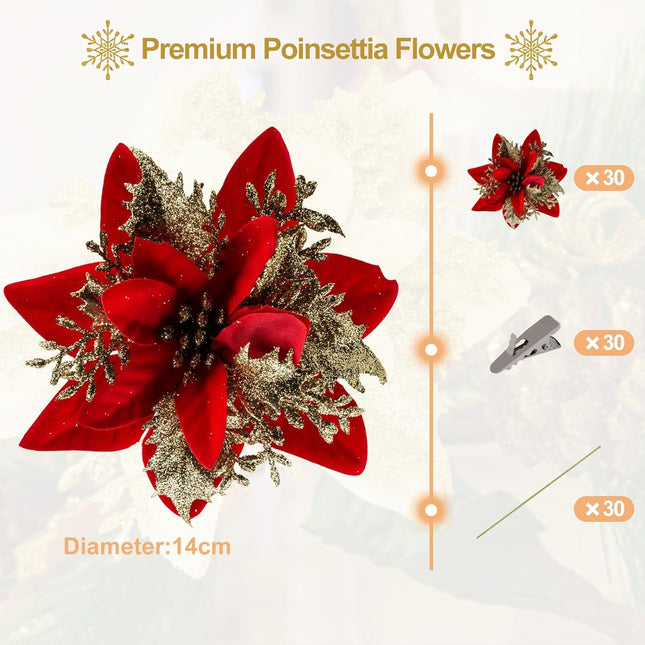 SPORTYOUTH 30 Pcs Red Gold Poinsettias Artificial Christmas Flowers Large 5.5" Glitter Poinsettia Christmas Tree Decoration Flower with Clips & Stems for Xmas Wreath Year Wedding Party Ornament