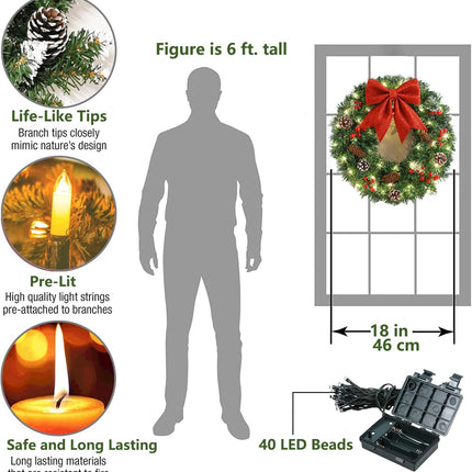 Pre-Lit Artificial Christmas Wreath,18inch/45cm Artificial Christmas Garland for Front Door with Red Bowknot, Pine Cones, Red Berries, 40 LED Lights for Indoor and Outdoor Christmas Decorations