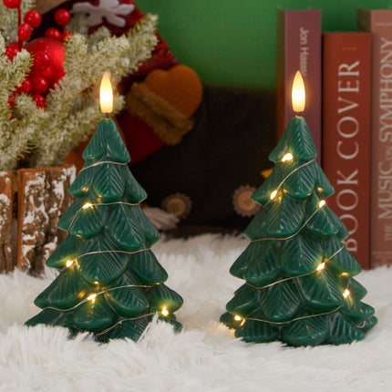 Flameless Flickering Remote Christmas Tree Shaped Candles with Light Strings, 4" x7" LED Battery Operated Green Handmade Carved Wax Timer 2 Pack Candles for Xmas Eve, Year, Christmas