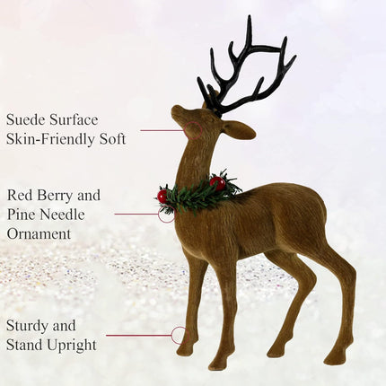 2pcs Reindeer Christmas Decorations, Flocking Christmas Reindeer Figurines with Red Berry and Pine Needle, Deer Décor Christmas Table Decorations, Christmas Table Centerpieces