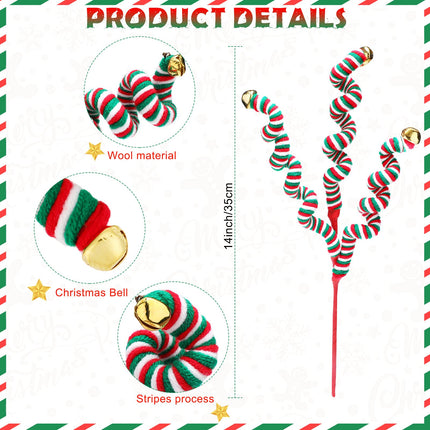 Kathfly 6 Pcs Christmas Tree Picks Sandworm Decor Woolen Bells Curly Picks Christmas Tree Ornaments Xmas Branches with Bells Xmas Hanging Decorations for Party DIY Home Crafts s(Green Red White)