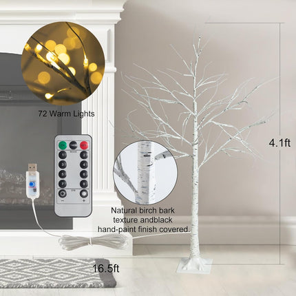 Lighted Birch Tree with 72 LED Warm White Light Up Tree Battery Birch Tree Artificial Tree Lamp for Centerpiece Mantel Christmas Decorations 8 Lighting Modes Remote Control (4FT)