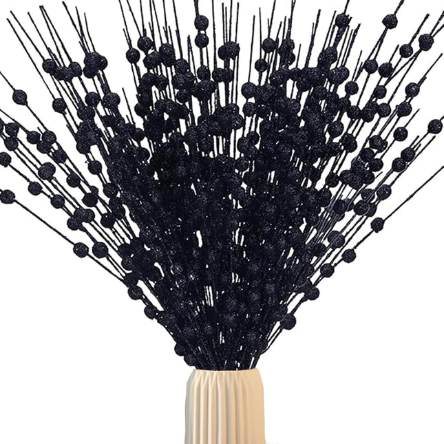 20 PCS Black Glitter Christmas Picks for Vases DIY Wreath Home Decor, Artificial Glitter Berry Stems Ornaments Fake Xmas Decorative Sticks (Black)