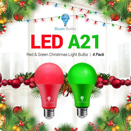 4 Pack BlueX LED A21 Red Green Light Bulbs - 15W (120Watt Equivalent) - E26 Base Red Green LED Red Bulb, Party Decoration, Porch, Home Lighting, Holiday Lighting