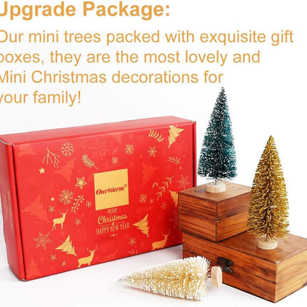 OurWarm 24Pcs Artificial Frosted Sisal Christmas Tree, Bottle Brush Trees with Wood Base DIY Crafts Mini Pine Tree for Christmas Home Table Top Decor Winter Ornaments Green, Gold and Ivory