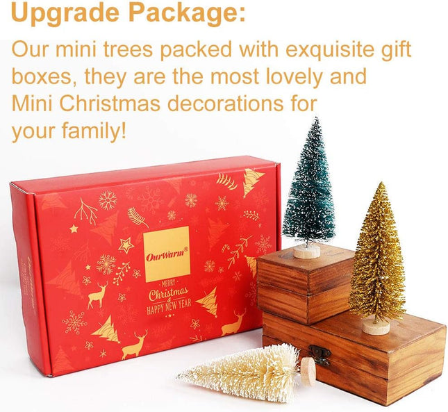 OurWarm 24Pcs Artificial Frosted Sisal Christmas Tree, Bottle Brush Trees with Wood Base DIY Crafts Mini Pine Tree for Christmas Home Table Top Decor Winter Ornaments Green, Gold and Ivory