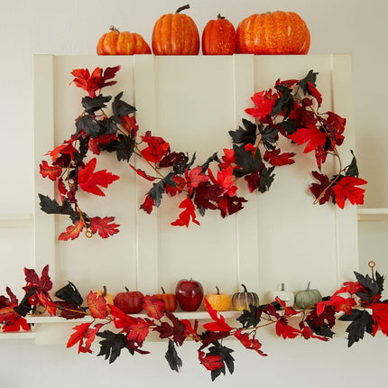 PARTY JOY 6PCS Black Red Leaf Garland, 5.6Ft Halloween Garland Artificial Maple Leaf Autumn Garland Hanging Fall Vines Table Decorations for Thanksgiving Front Door Decorations Fall Decor
