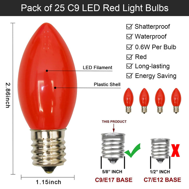 SUNSGNE C9 LED Replacement Red Vintage Christmas Light Bulbs, 25 Pack C9 Shatterproof LED Bulbs for Christmas Outdoor Patio String Lights, E17 Intermediate Base - 0.6 Watts