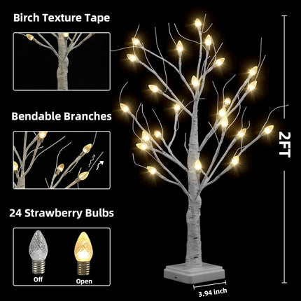 Anycosy Tabletop Birch Christmas Tree, 2Ft 24 LED Warm White Lights Lighted Birch Tree, Battery/USB Operated Artificial Tree Lamp for Indoor Christmas Decorations Mantel Home Decor