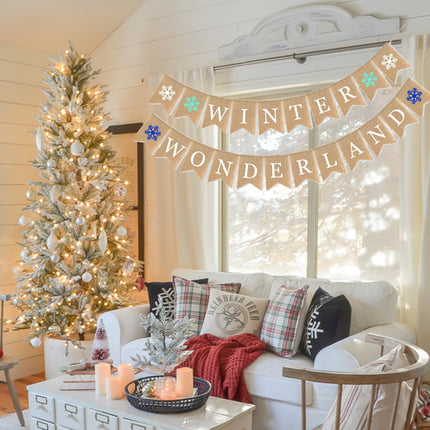 Winter Wonderland Banner Burlap Snowflake Christmas Sign Home Decoration Holiday Mantel Fireplace Bunting Garland Decoration Festival Flags Family Gardens Indoor Outdoor Banner (Winter Wonderland)